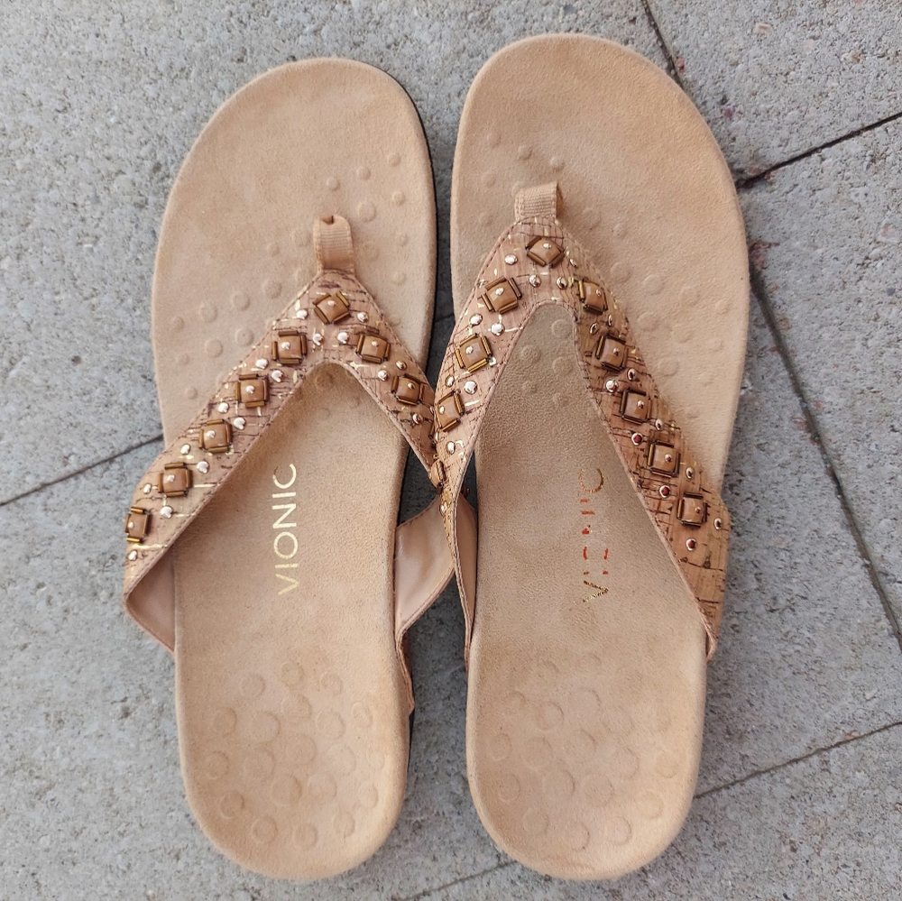 Vionic Tan Beaded Thong Sandals